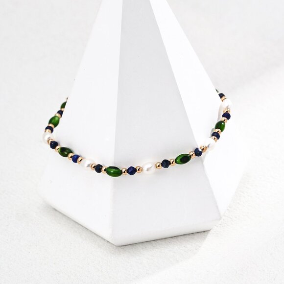 Handmade Jewelry - 💚Artisan Original Design Dainty Pearl, Lapis & Green Gemstone Bracelet | S925